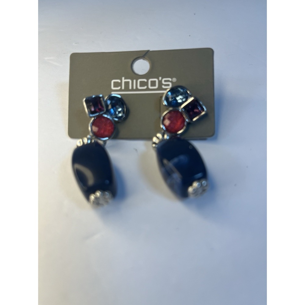 Chicos Shimmering Rhinestones Dangle‎ Earrings Blue New
